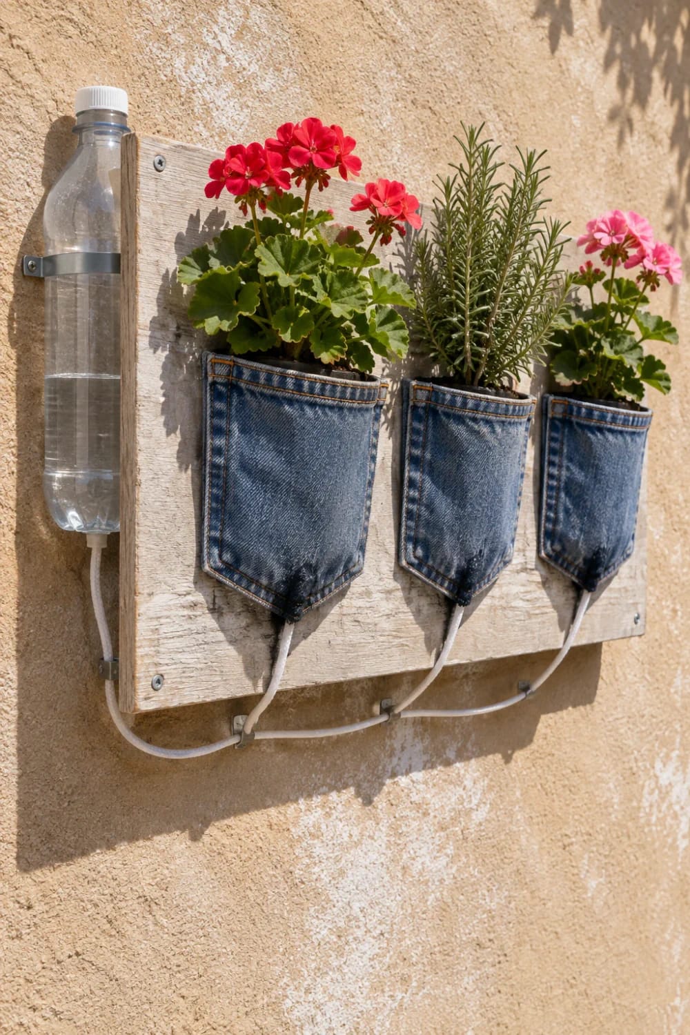 Wicking Jean Pocket Planter For A South Wall Three denim jean pockets mounted on a wooden board hold flowering plants and rosemary against a sunlit wall, with clear tubing connected to a plastic bottle for watering.