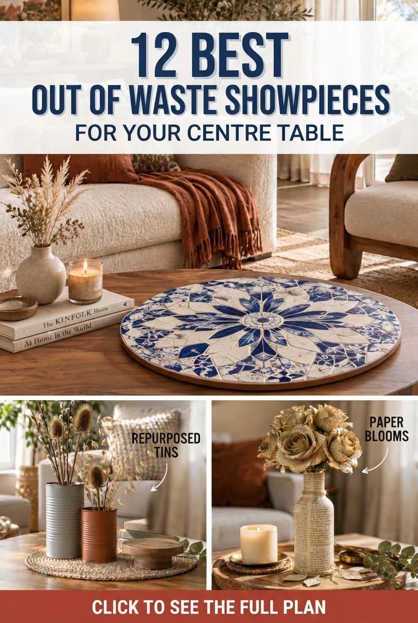Collage promoting 12 best out-of-waste showpieces for a living room centre table, featuring a blue-and-white decorative tray, repurposed tin planters with dried flowers, and paper blooms in a decorated bottle