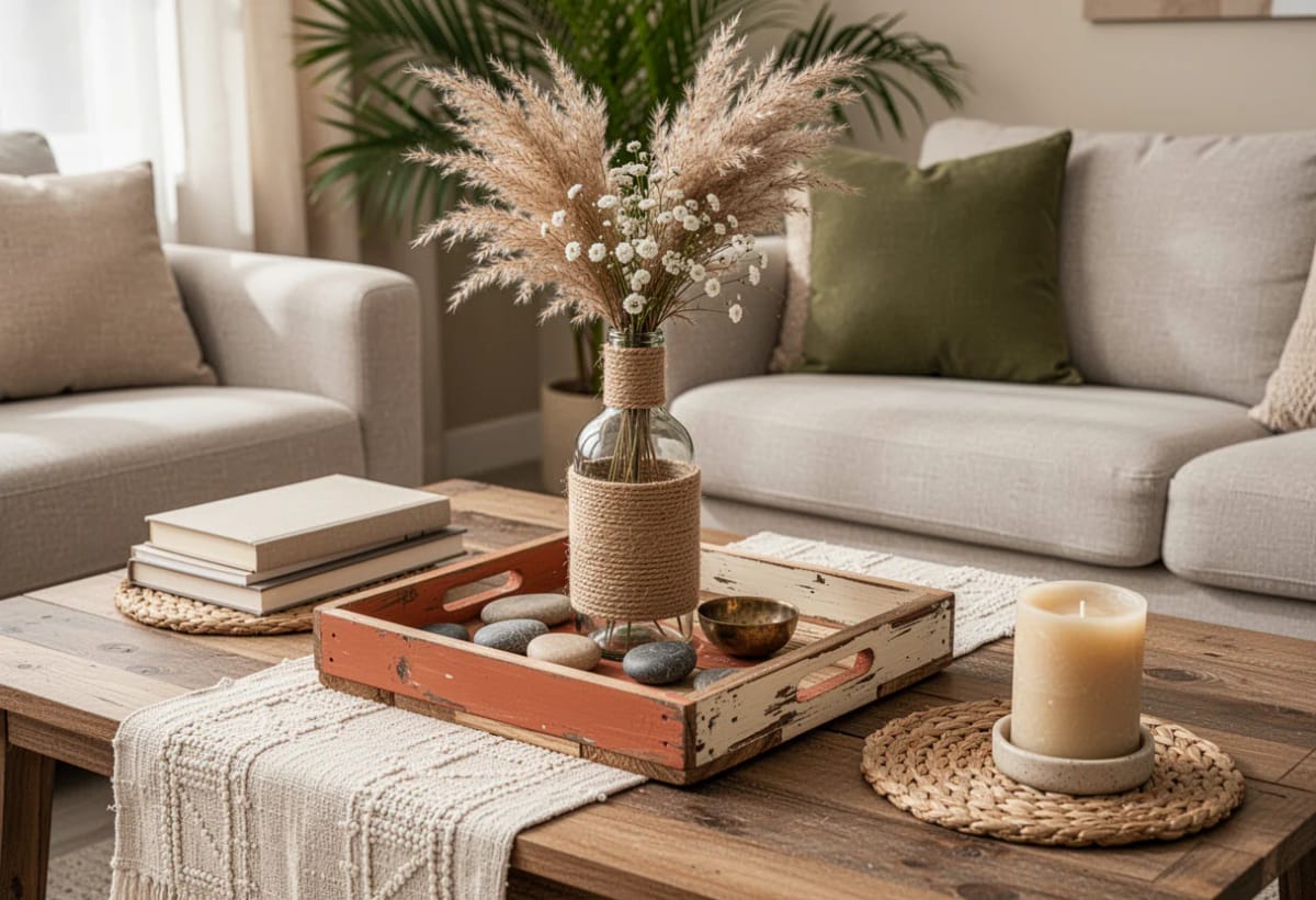 A rustic wooden tray on a living room centre table holds a glass vase wrapped with rope, dried grasses, white flowers, and smooth stones, beside stacked books and a candle
