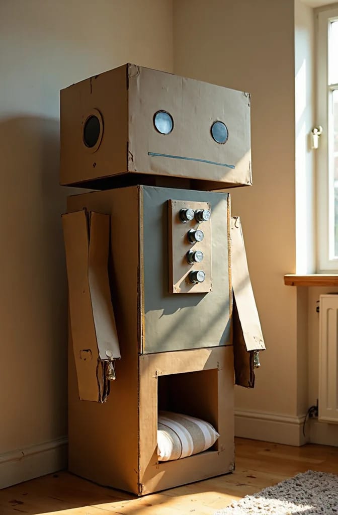 Big Cardboard Box Robot Craft Tall cardboard box robot craft with a square head, round eyes, straight-line mouth, button-covered chest panel, long arms, and an open lower compartment indoors