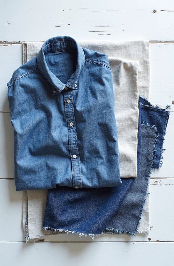 Boro Patched Jeans Layering Materials Folded blue denim shirt, white fabric, and frayed denim scraps arranged in layers for boro patched jeans