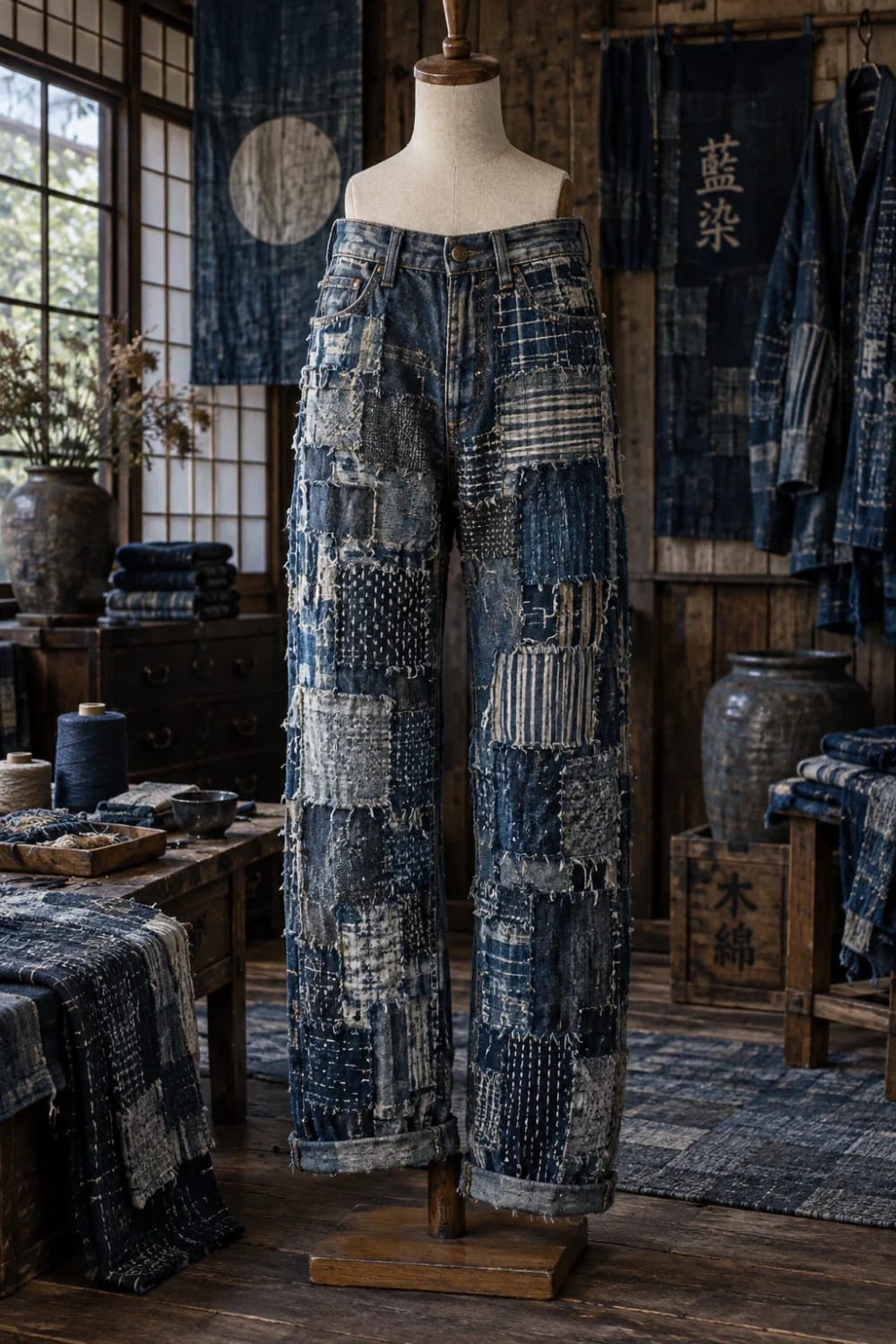 Boro Patched Jeans On Dress Form Boro patched jeans displayed on a dress form, covered with layered denim scraps and visible hand stitching in a rustic textile workshop