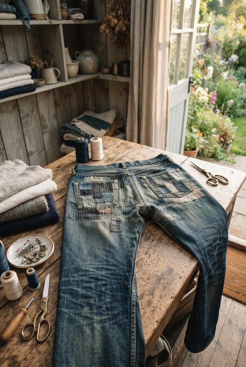 Boro Patched Jeans Ready For Layered Repair Boro patched jeans lie on a wooden worktable with layered fabric patches, visible stitching, thread spools, and scissors, illustrating how to start repairs where denim gives out
