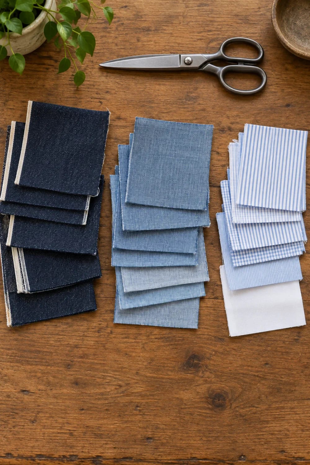 Boro Patched Jeans Scrap Pile Materials Stacks of dark and light denim scraps, striped fabric pieces, and sewing scissors arranged on a wooden table for building a Boro patched jeans scrap pile