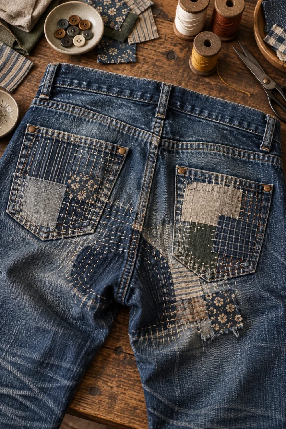 Boro Patched Jeans With Layered Denim Scraps Boro patched jeans lie on a wooden worktable, showing layered denim and fabric scraps secured with visible hand stitching across the back pockets and seat. Spools of thread, buttons, fabric pieces, and scissors surround the jeans.