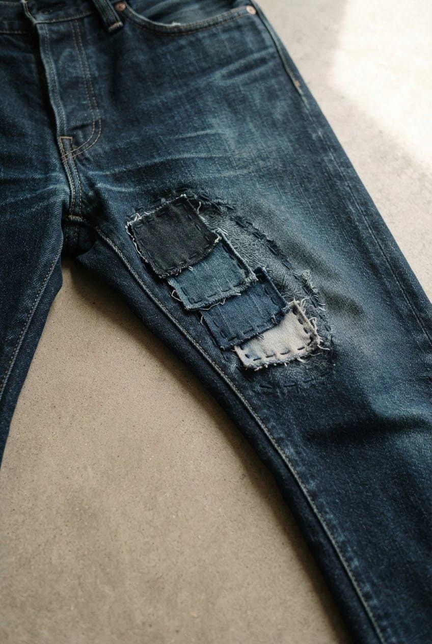 Boro Patched Jeans With Layered Denim Scraps Close-up of dark blue jeans with a worn, torn thigh repaired using several overlapping denim scraps in varied shades, hand-stitched around the edges on a neutral surface.