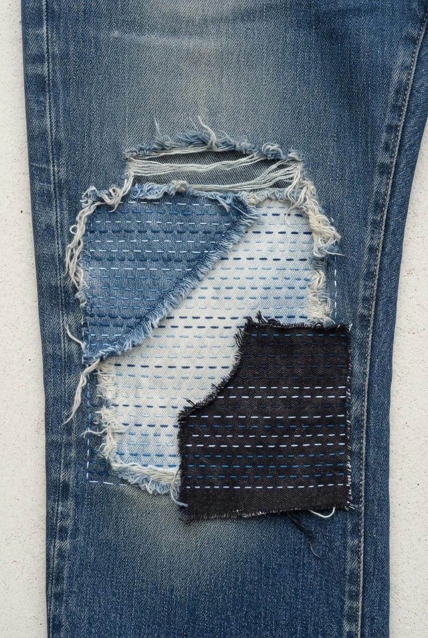 Boro Patched Jeans With Layered Denim Scraps Close-up of blue jeans with a large frayed tear reinforced by overlapping blue, pale, and black denim scraps secured with rows of visible running stitches, illustrating layered boro patched jeans