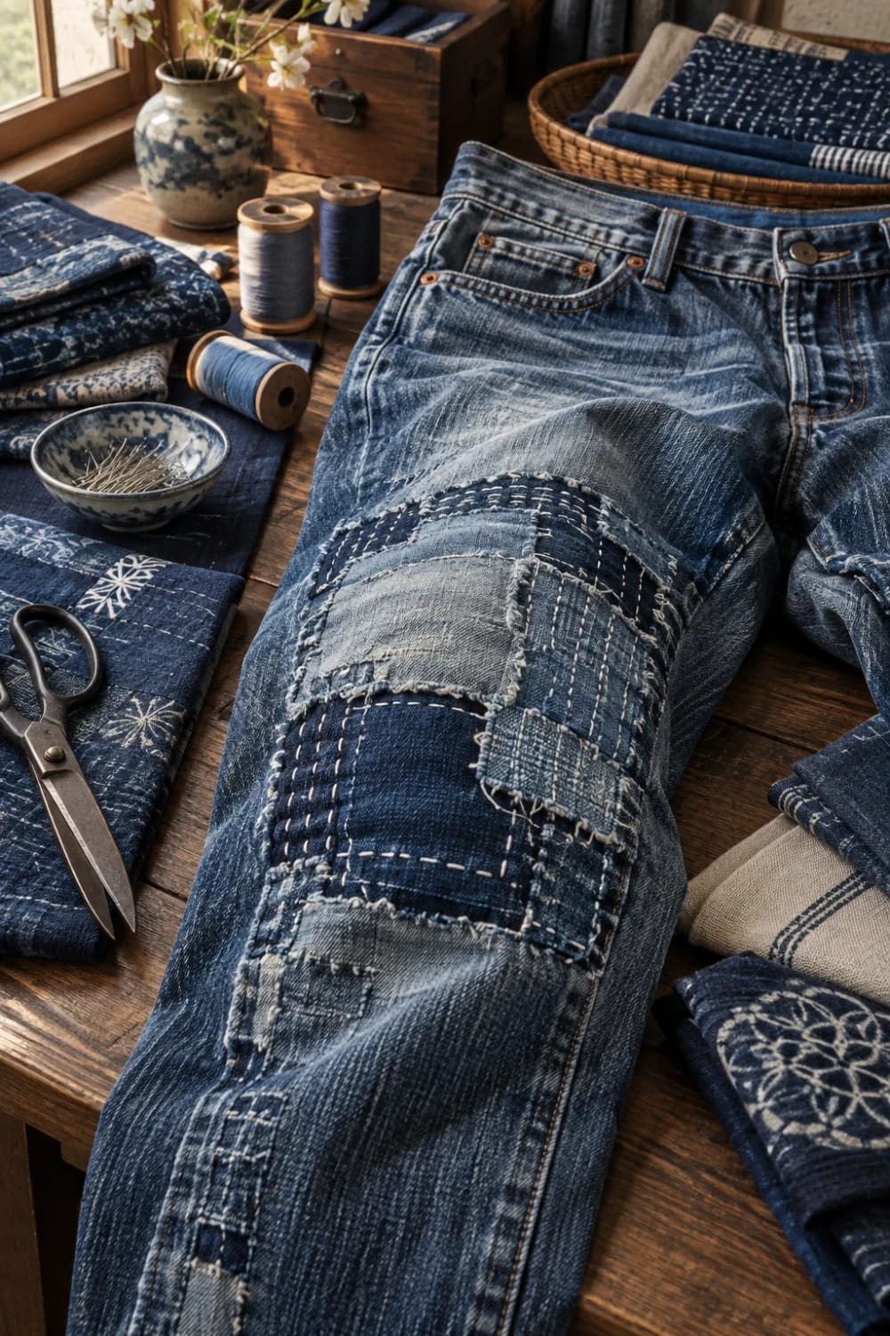 Boro Patched Jeans With Layered Denim Scraps Boro patched jeans with overlapping denim scraps and visible white hand stitching on a wooden worktable, surrounded by fabric pieces, thread spools, scissors, and a bowl of needles
