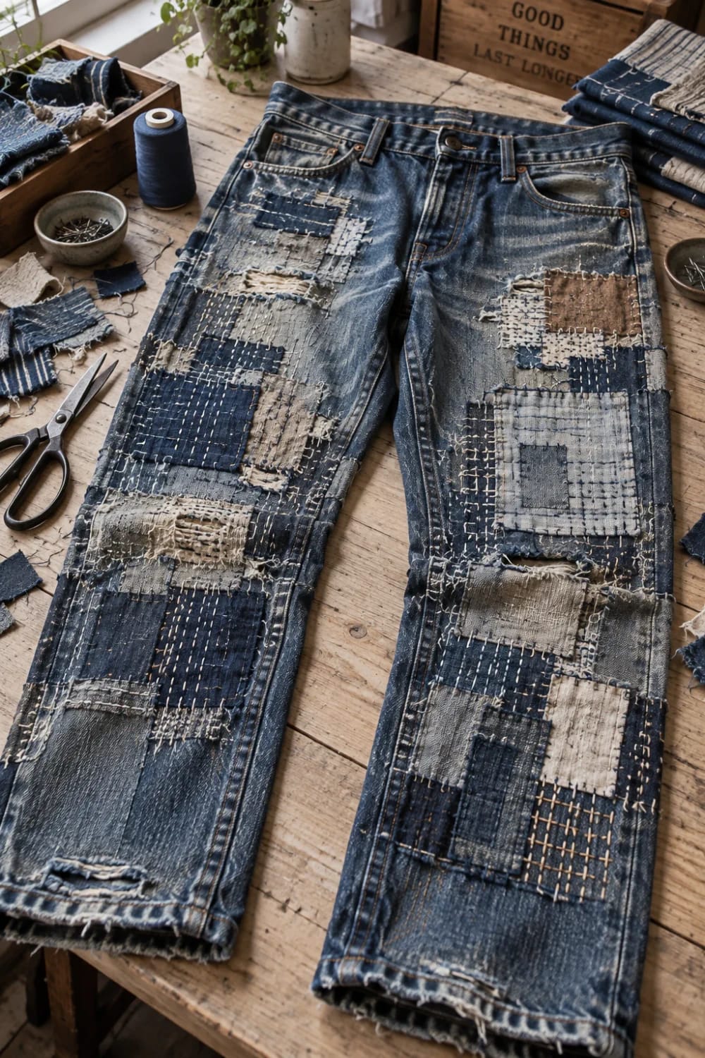 Boro Patched Jeans With Layered Denim Scraps A pair of blue jeans covered with layered rectangular denim and fabric patches secured by visible hand stitching, displayed on a wooden worktable with fabric scraps, thread, pins, and scissors nearby.