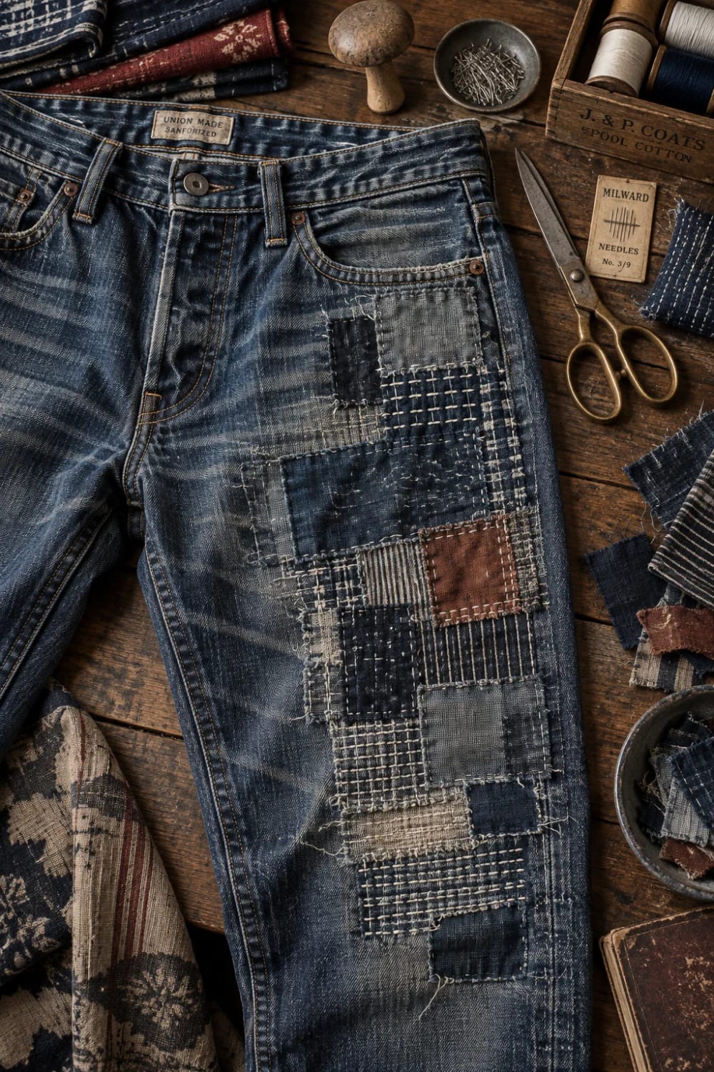 Boro Patched Jeans With Layered Scraps Boro patched jeans lie on a wooden workbench, covered with overlapping fabric scraps and visible hand stitching. Folded textiles, thread spools, pins, needles, and scissors surround the jeans, illustrating layered repair techniques.