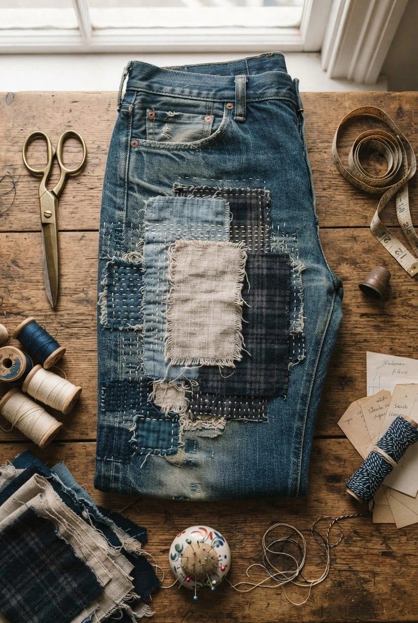 Boro Patched Jeans With Layered Scraps Boro patched jeans lie on a wooden worktable, covered with layered denim and fabric patches secured by visible hand stitching. Scissors, measuring tape, thread spools, loose thread, fabric scraps, and a pincushion surround the jeans.