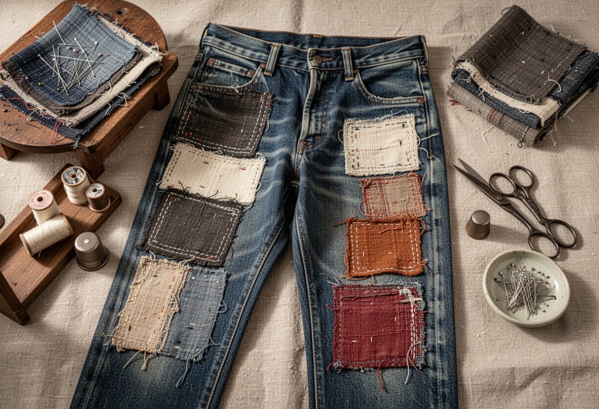 Boro Patched Jeans: 10 Ways to Layer Scraps So the Repair Outlives the Denim 1 Blue jeans lie flat with multiple rectangular fabric scraps stitched in overlapping layers along both legs, surrounded by thread spools, sewing pins, needles, scissors, and folded fabric pieces for boro patched jeans repair