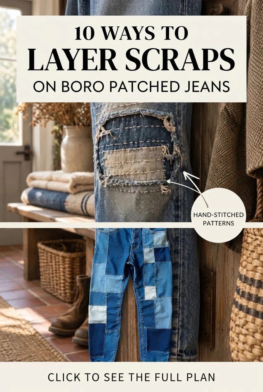 Boro Patched Jeans With Layered Scraps Boro patched jeans displayed with layered denim scraps, hand-stitched patterns, and a second pair featuring blue patchwork panels in a rustic interior