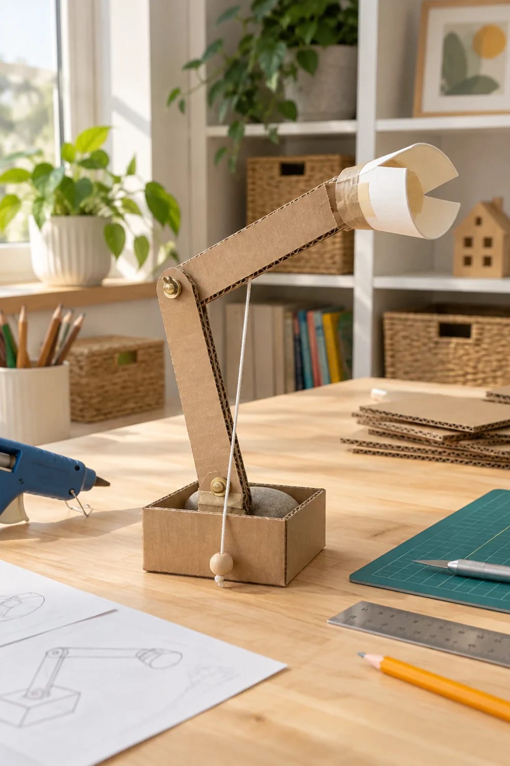 Cardboard Box Robot Craft Arm A cardboard craft arm with a claw-shaped end rises from a small cardboard box on a worktable, with a blue glue gun, cutting mat, tools, cardboard pieces, and a robot arm sketch nearby for a cardboard box robot craft.