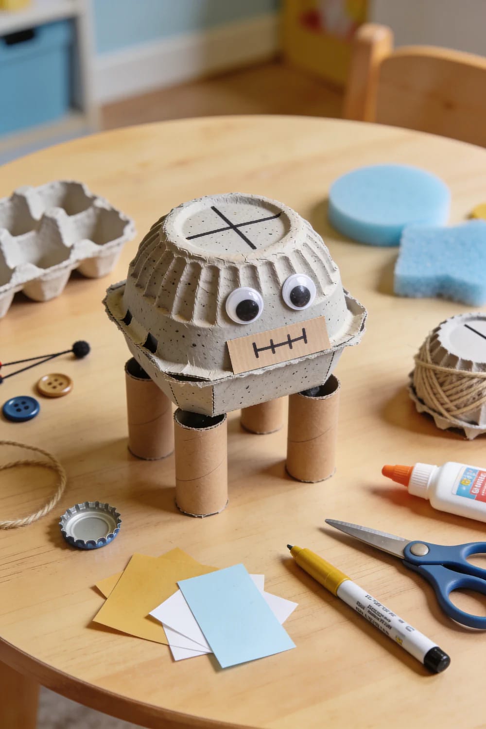 Cardboard Box Robot Craft For Preschoolers A handmade cardboard box robot craft with googly eyes, a drawn mouth, an egg-carton head, cardboard body, and four cardboard tube legs sits on a table surrounded by craft supplies.