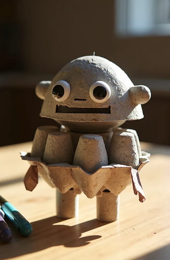 Cardboard Box Robot Craft For Preschoolers Handmade cardboard robot craft standing on a wooden table, with large googly eyes, a rounded head, protruding ears, a rectangular mouth, textured body pieces, and tube-like legs.