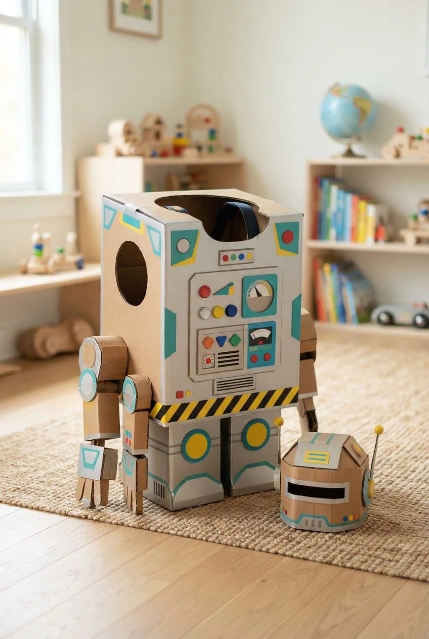 Cardboard Box Robot Craft For Preschoolers Decorated cardboard box robot craft with cutout eyes, colorful control panels, arms, legs, and a smaller round robot beside it in a playroom