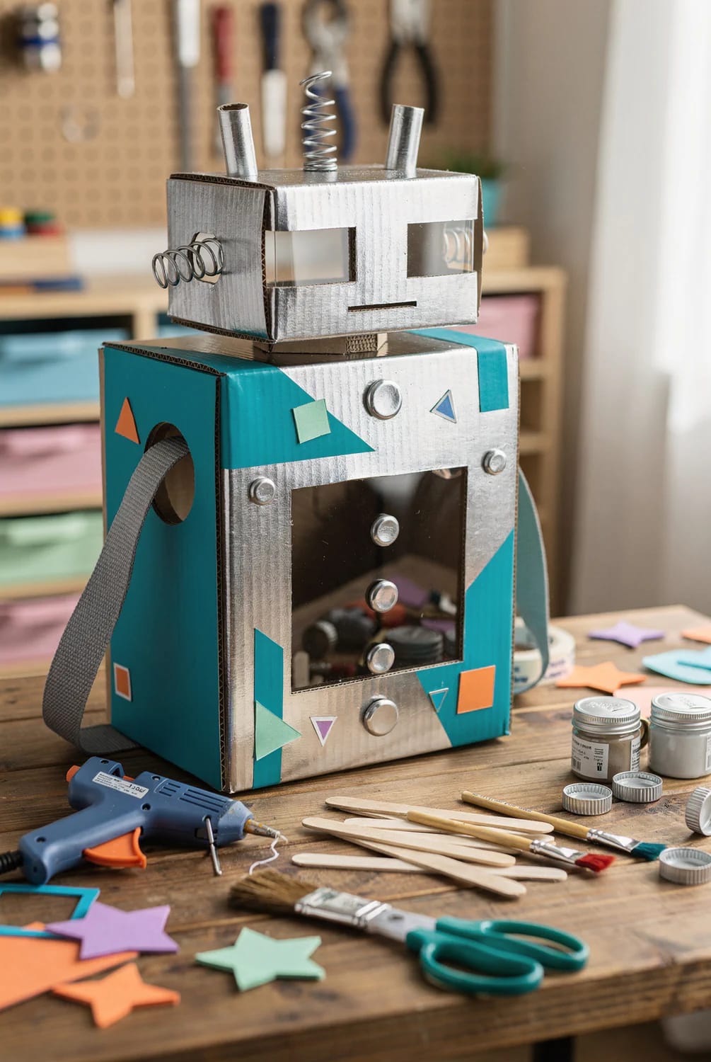 Cardboard Box Robot Craft For Preschoolers A decorated cardboard box robot craft with a silver head, teal body, spring antennas, geometric paper shapes, and a reflective front panel, surrounded by a glue gun, paintbrushes, craft sticks, scissors, and supplies.