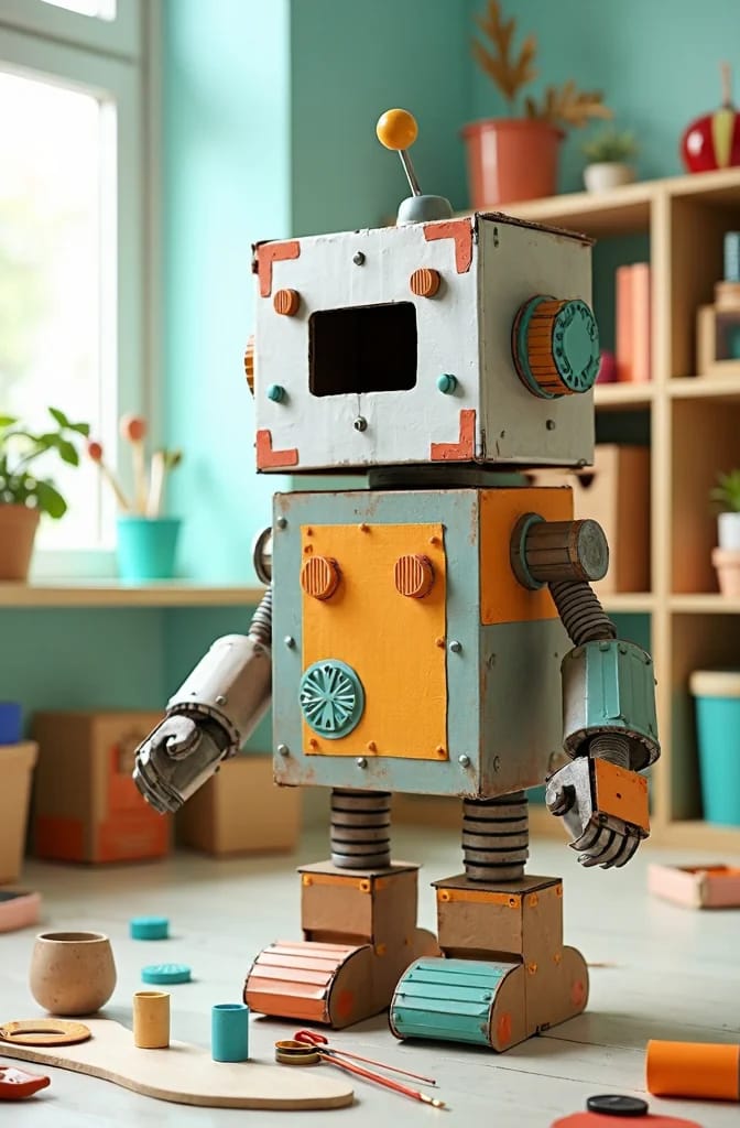 Cardboard Box Robot Craft for Preschoolers A colorful handmade cardboard box robot stands on a craft table, with a square head, orange and teal details, coiled arms and legs, and wheeled feet, illustrating a big box robot craft for preschoolers