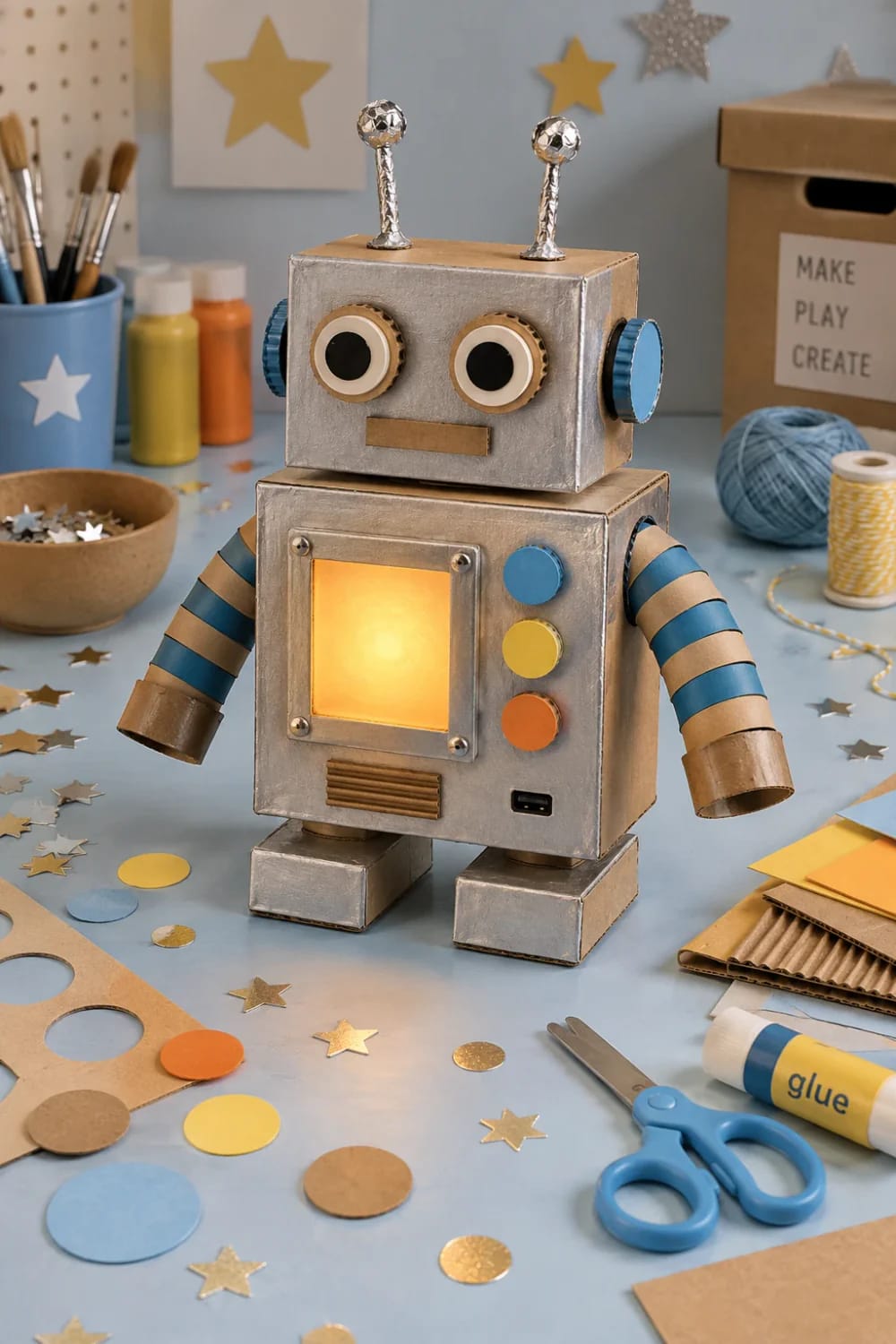 Cardboard Box Robot Craft For Preschoolers A handmade cardboard box robot with a silver-painted body, large eyes, striped arms, antennae, colorful buttons, and a glowing square chest panel, surrounded by craft supplies.