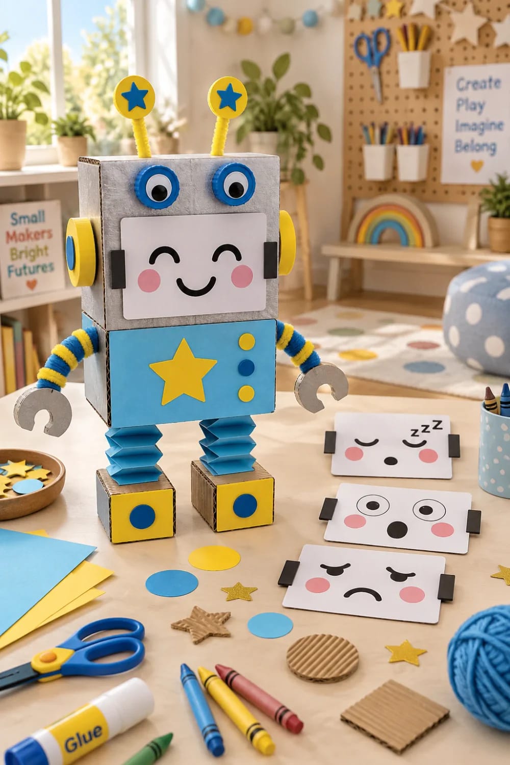 Cardboard Box Robot Craft For Preschoolers A colorful cardboard box robot craft stands on a table with a smiling face, googly eyes, star-topped antennae, striped arms, accordion legs, and yellow-and-blue feet. Paper facial expressions, scissors, glue, crayons, yarn, cardboard shapes, and craft supplies surround it for a preschool robot craft activity.
