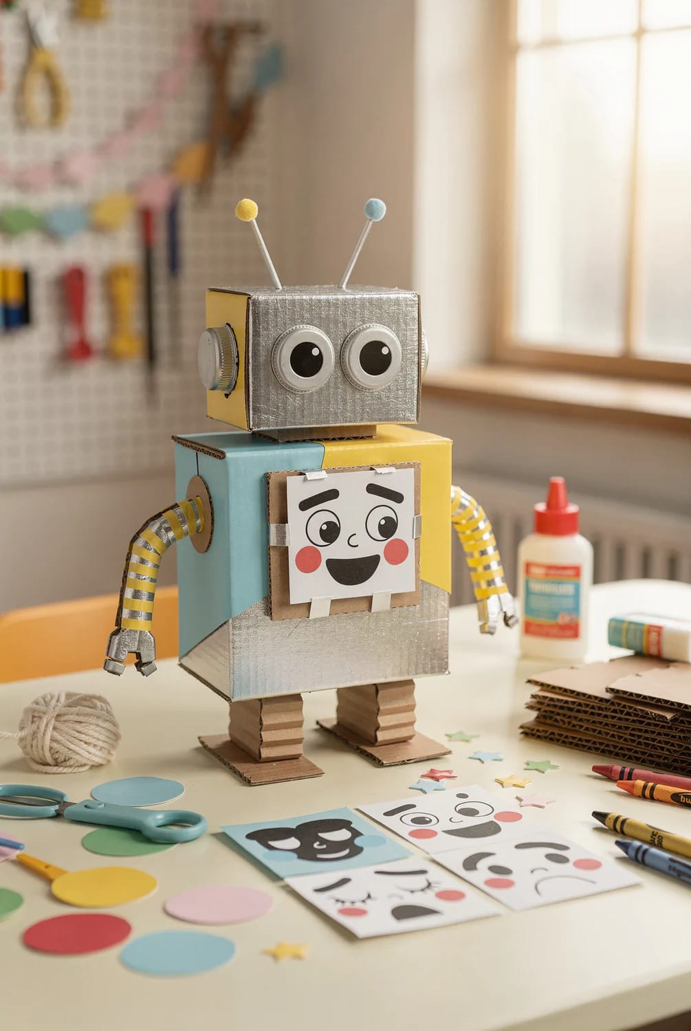 Cardboard Box Robot Craft For Preschoolers A colorful cardboard box robot craft stands on a table, with a silver square head, large googly eyes, antennae, striped flexible arms, cardboard feet, and a smiling paper face. Scissors, glue, crayons, yarn, cardboard, and paper facial features surround the robot.