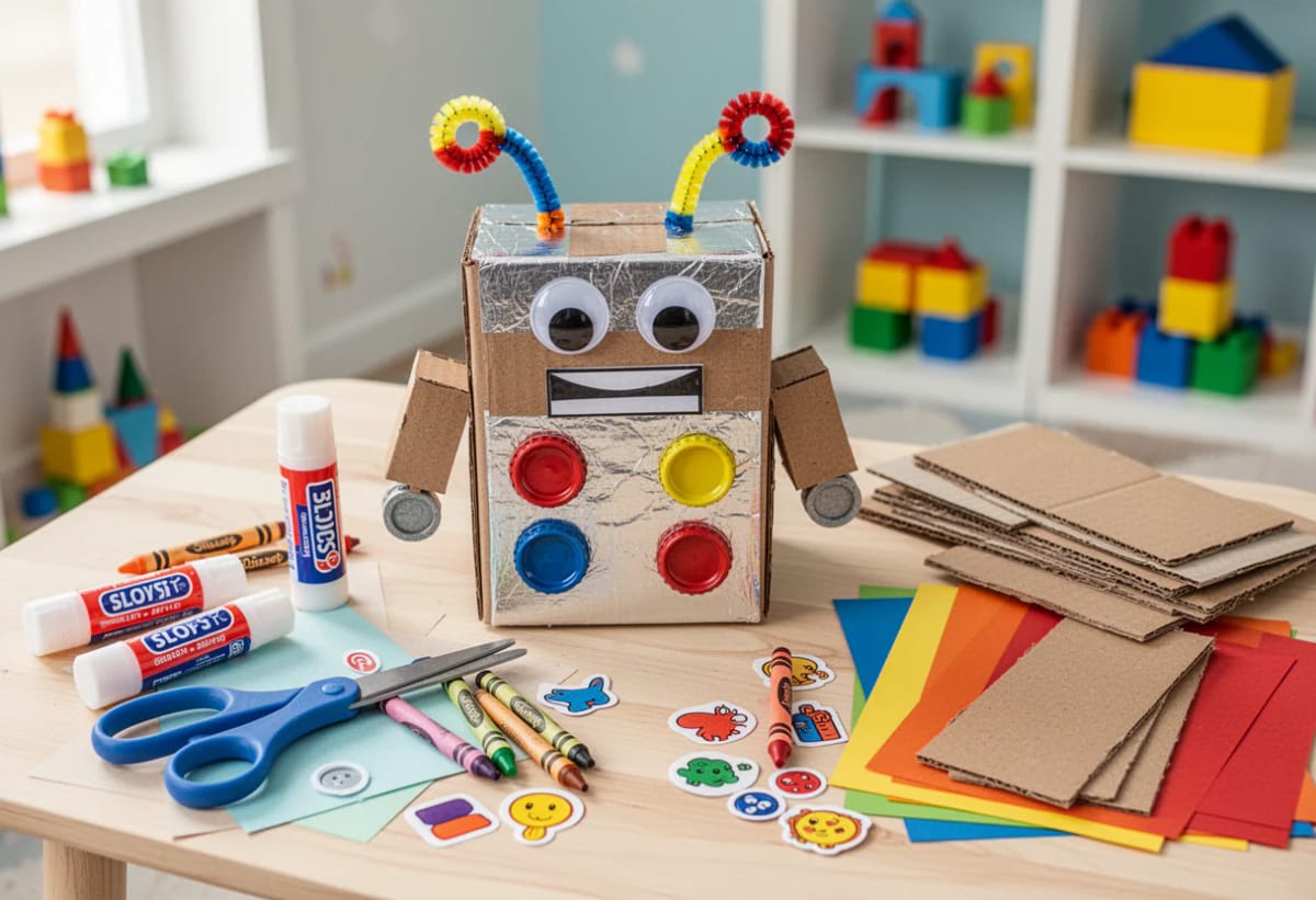 Cardboard Box Robot Craft for Preschoolers: 10 Ideas That Actually Get Made 1 A handmade cardboard box robot sits on a table with googly eyes, a smiling mouth, colorful bottle-cap buttons, cardboard arms, and pipe-cleaner antennae. Scissors, glue sticks, crayons, stickers, colored paper, and cardboard pieces surround it for a cardboard box robot craft for preschoolers.