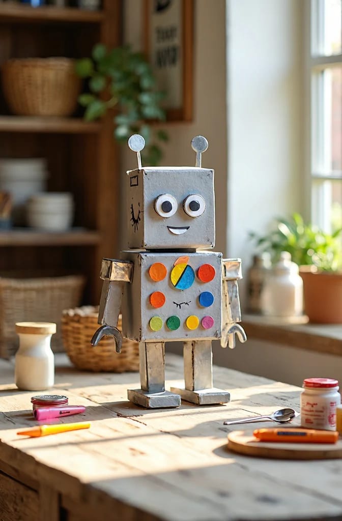 Cardboard Box Robot Craft For Preschoolers A handmade cardboard box robot stands on a sunlit table, featuring googly eyes, antennae, a smiling face, colorful circular buttons, arms, hands, and feet, with craft supplies nearby.