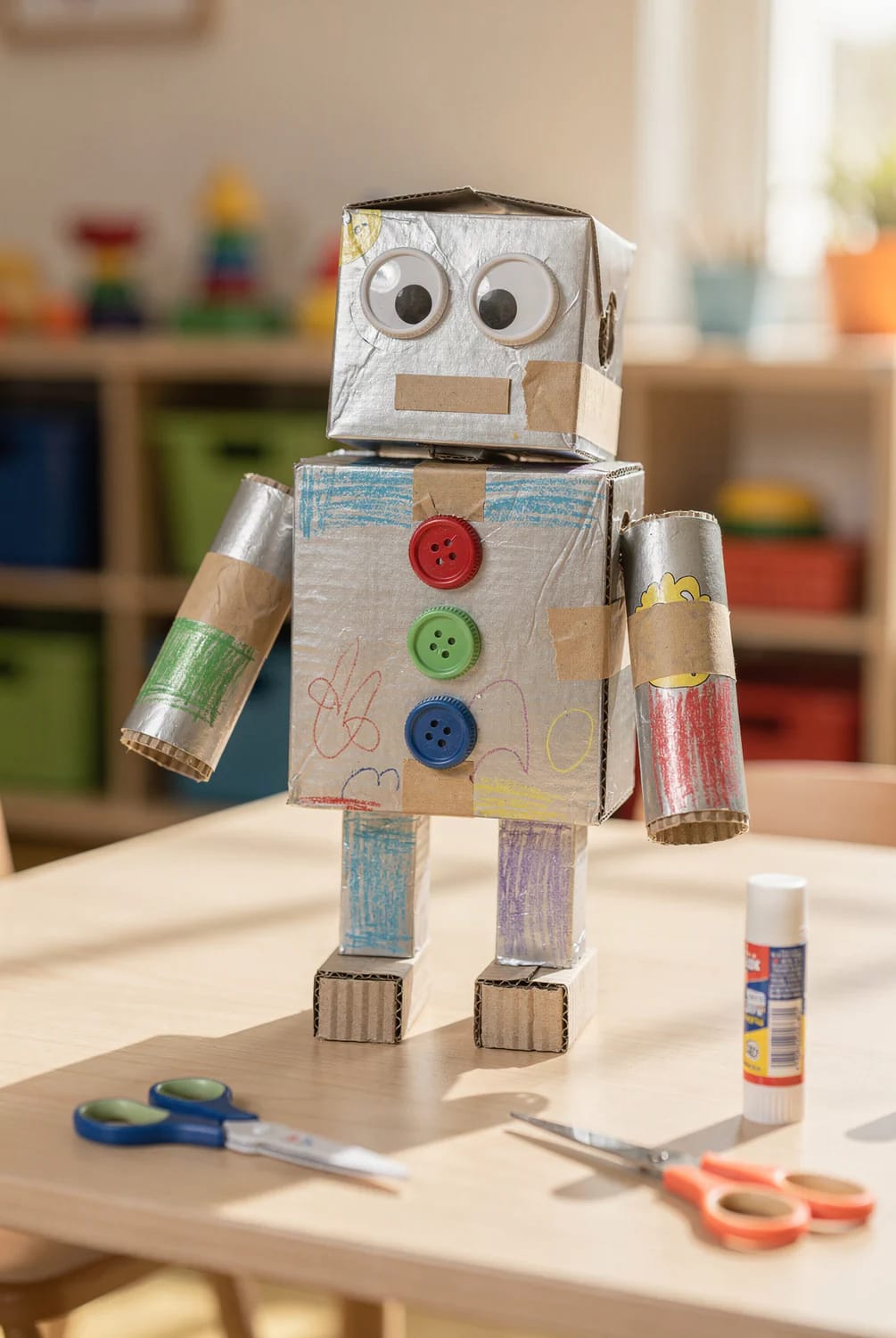 Cardboard Box Robot Craft For Preschoolers A handmade cardboard box robot stands on a table, covered in silver material with large googly eyes, a rectangular mouth, colorful buttons, decorated arms and legs, while scissors and a glue stick sit nearby for the preschool craft.