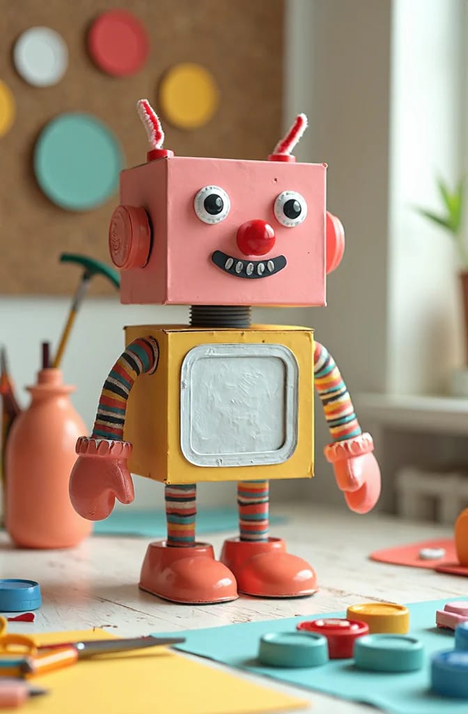 Cardboard Box Robot Craft For Preschoolers A colorful cardboard box robot craft stands on a table, with a pink square head, yellow body, large eyes, red nose, smiling mouth, striped arms and legs, and red feet.
