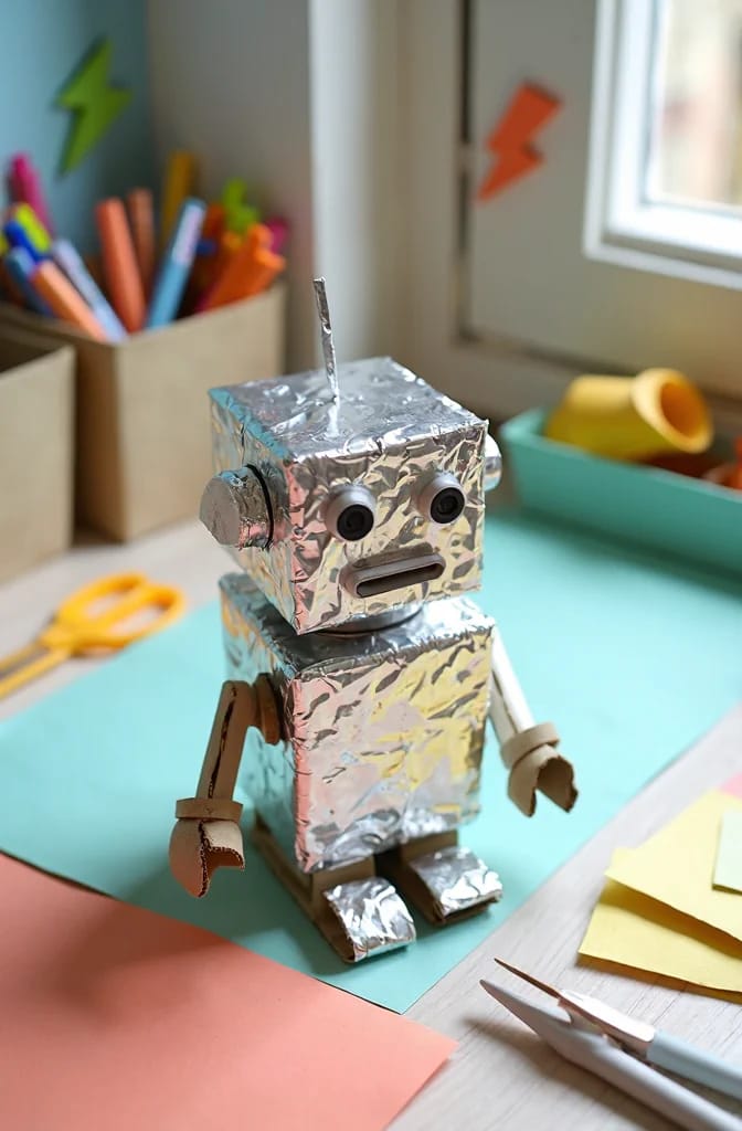 Cardboard Box Robot Craft For Preschoolers A small handmade cardboard box robot covered in foil, with googly eyes, a mouth, antenna, arms, and feet, standing on a craft table for a preschooler robot craft.