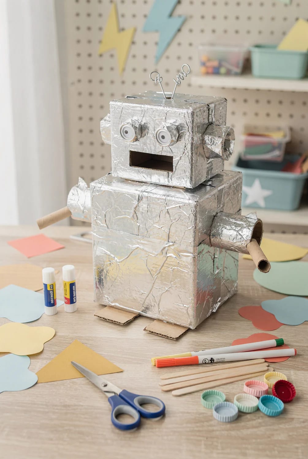 Cardboard Box Robot Craft For Preschoolers A homemade cardboard box robot covered in crinkled silver foil sits on a craft table, with googly eyes, an open mouth, wire antennae, tube arms, and cardboard feet. Scissors, glue sticks, markers, craft sticks, paper shapes, and bottle caps surround the robot for a preschooler craft project.
