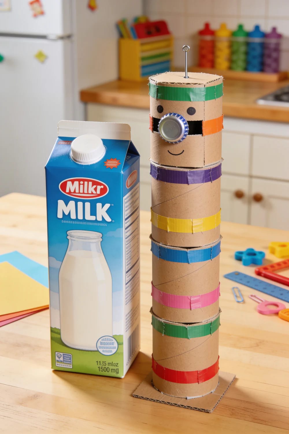 Cardboard Box Robot Craft For Preschoolers Tall cylindrical cardboard robot craft beside a milk carton on a table, decorated with colorful tape bands, round eyes, a bottle-cap nose, a smiling face, and a wire antenna.