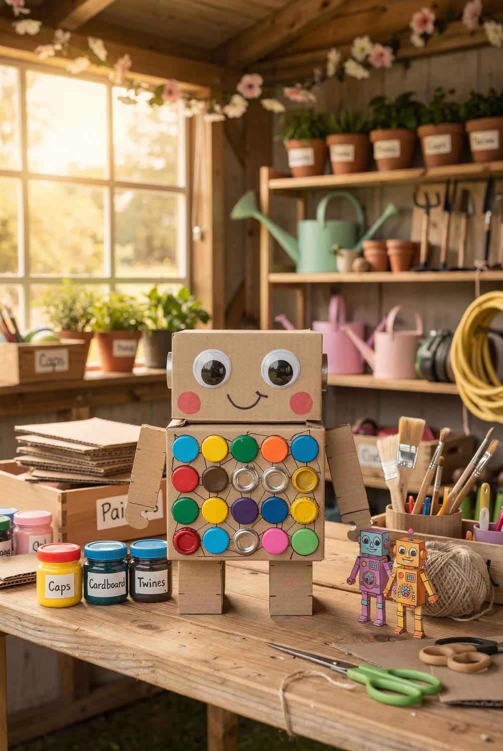 Cardboard Box Robot Craft For Preschoolers A smiling cardboard box robot craft stands on a wooden worktable, decorated with googly eyes, pink cheeks, colorful bottle-cap buttons, cardboard arms and legs, with craft supplies and two small robot figures nearby