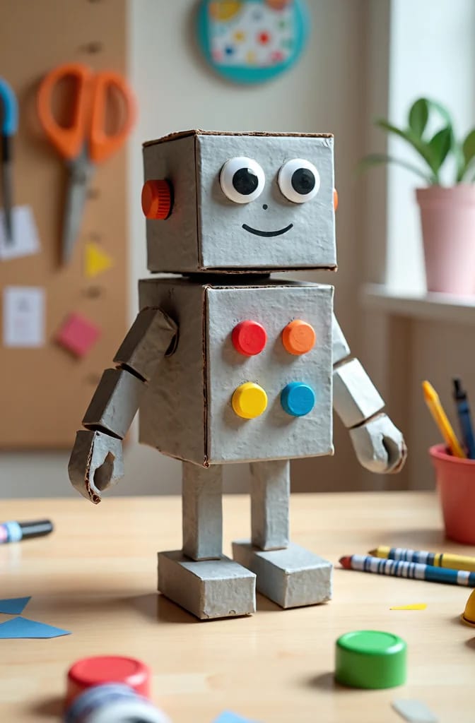 Cardboard Box Robot Craft For Preschoolers A handmade cardboard box robot stands on a table, with googly eyes, a smiling face, colorful buttons on its torso, jointed arms, and rectangular feet.
