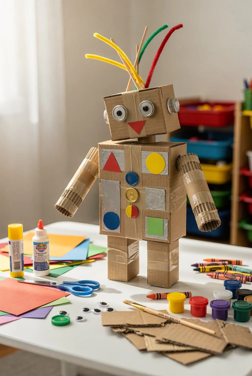 Cardboard Box Robot Craft For Preschoolers A handmade cardboard box robot stands on a craft table, decorated with googly eyes, colorful geometric shapes, pipe-cleaner antennae, and corrugated cardboard arms, with scissors, glue, paper, crayons, paint, and cardboard pieces nearby.