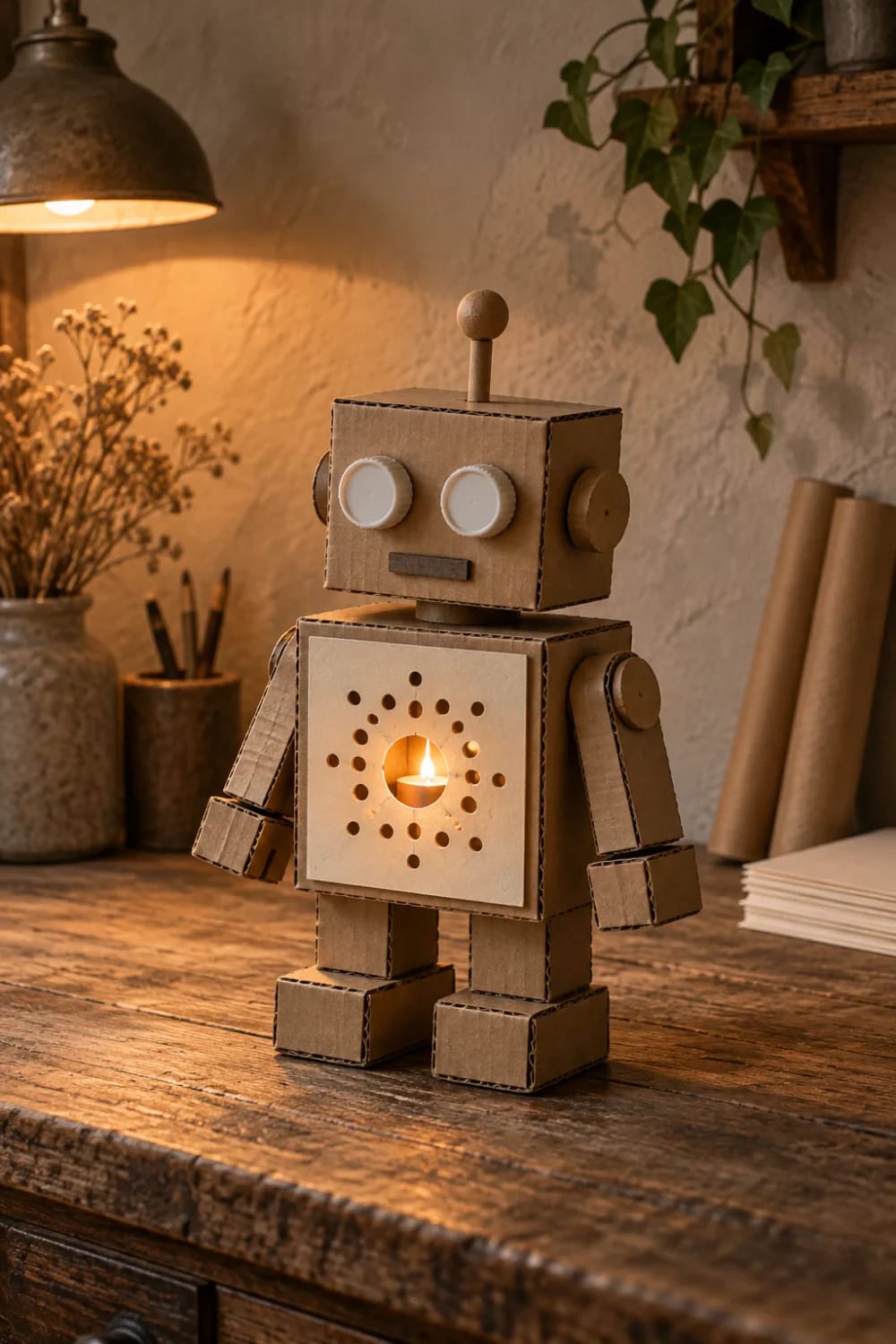 Cardboard Box Robot Craft With Glowing Chest A handmade cardboard box robot stands on a wooden table, with bottle-cap eyes, round ears, a ball-topped antenna, articulated arms and legs, and a candle glowing inside a perforated chest panel.