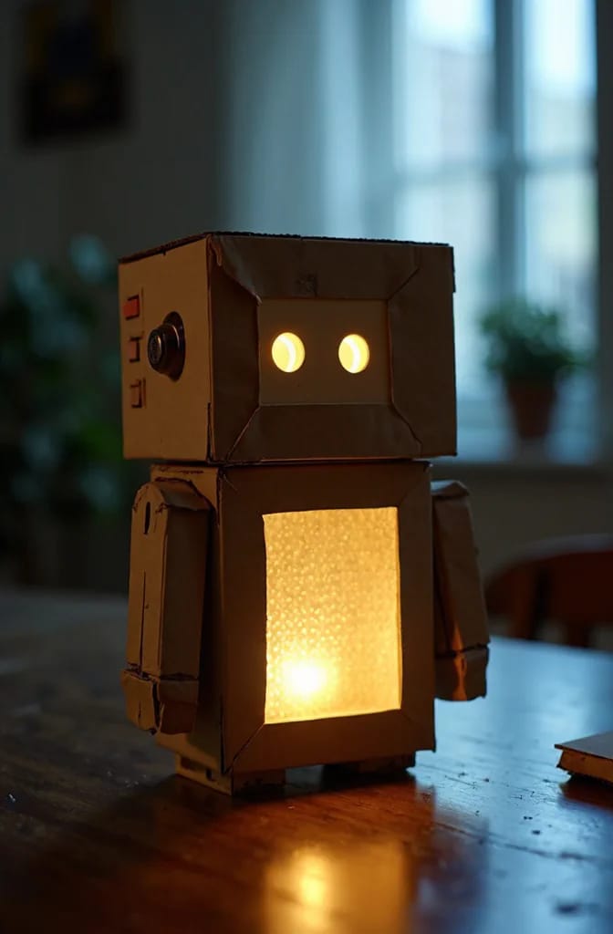 Cardboard Box Robot Craft With Glowing Lights A handmade cardboard box robot stands on a table with two glowing circular eyes and a large illuminated panel on its torso, illustrating a cardboard box robot craft for preschoolers.