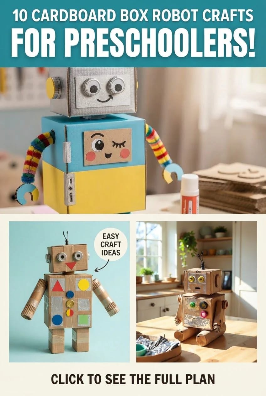 Cardboard Box Robot Crafts For Preschoolers Collage showing three handmade cardboard box robots, including a colorful robot with googly eyes and striped arms, alongside two decorated brown cardboard robots.