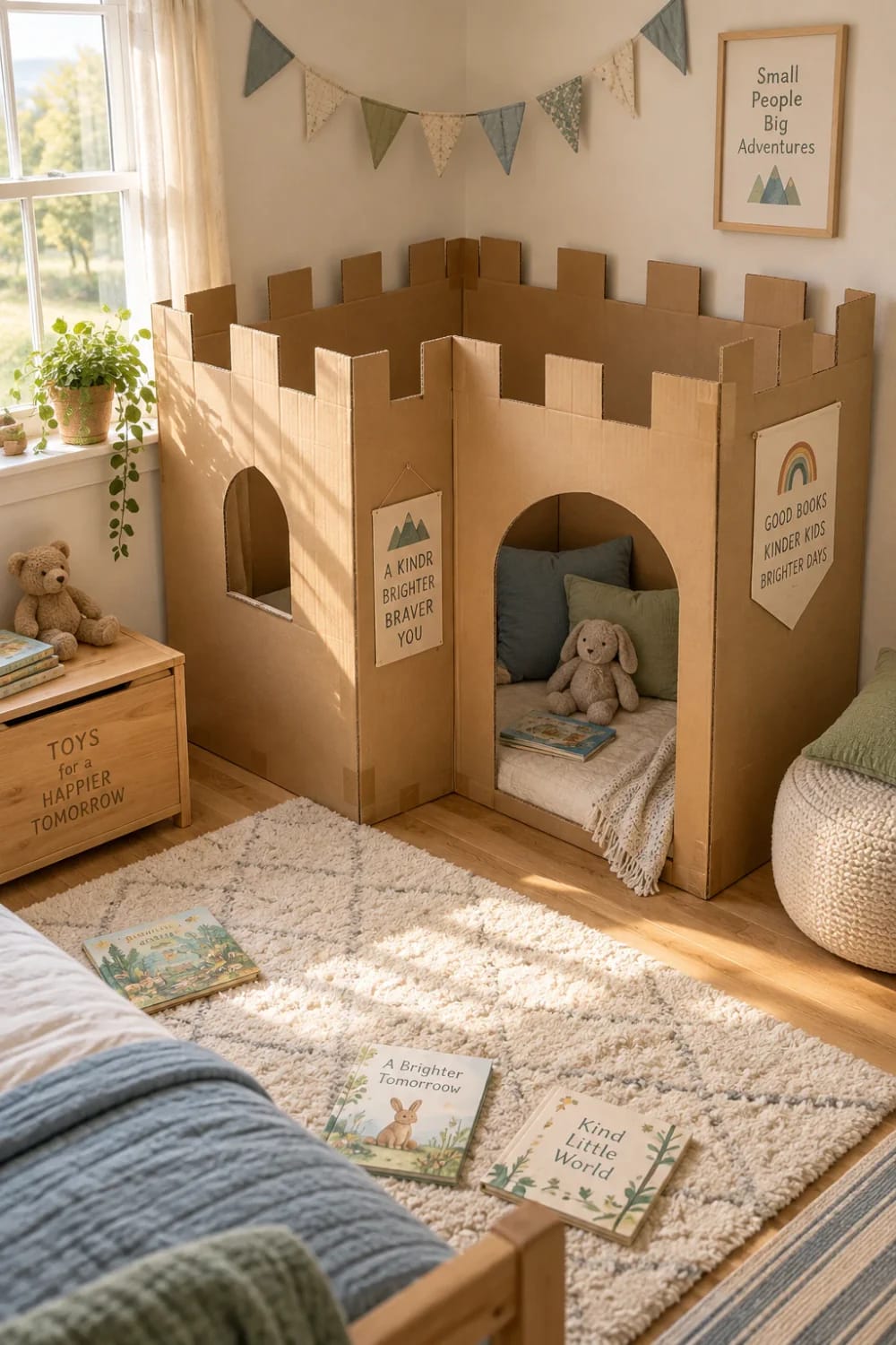 Cardboard castle playhouse built from box panels in a kids bedroom, featuring crenellated walls, arched doorways, pillows, books, and stuffed bears.