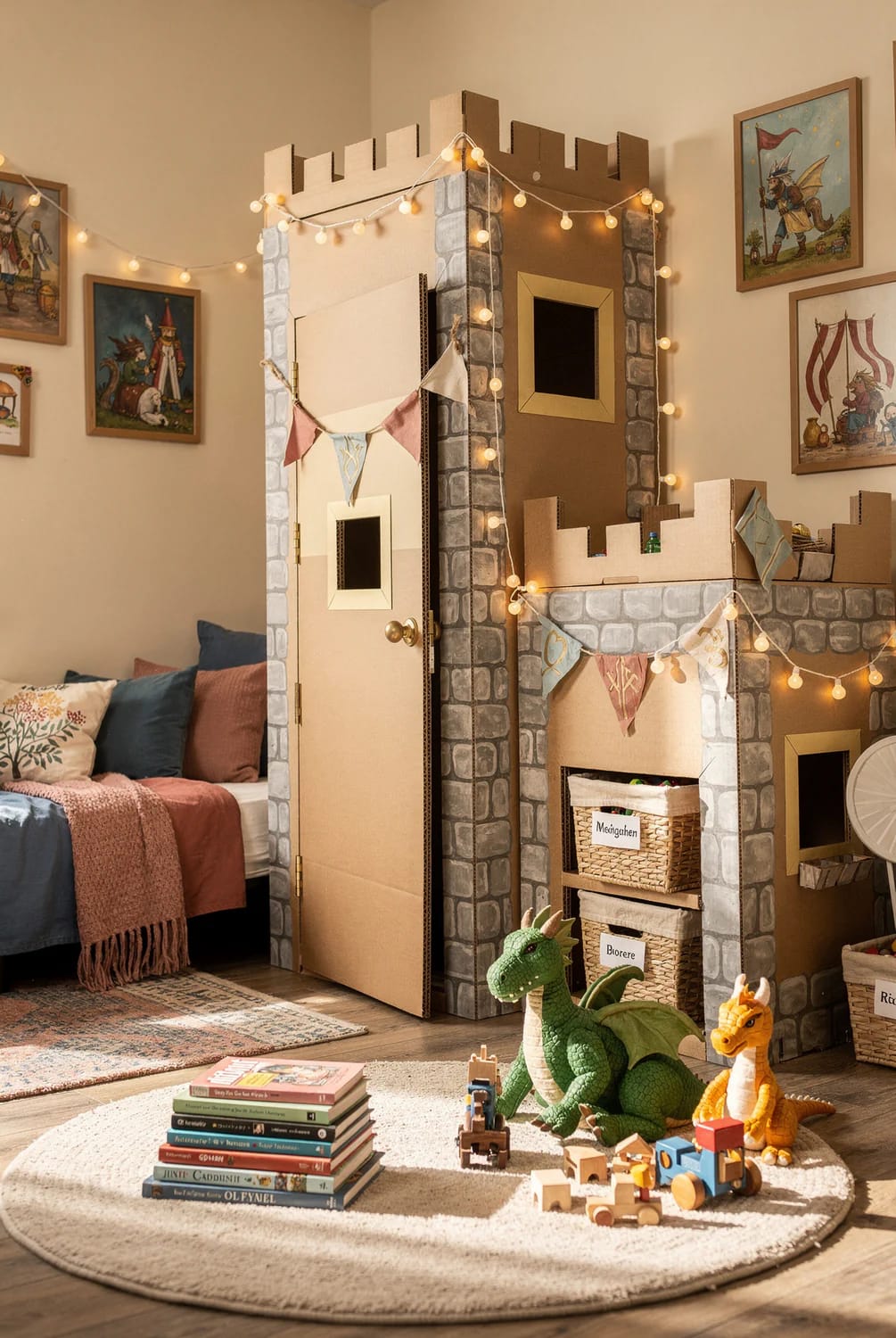 A cardboard castle playhouse fills a kids bedroom, with crenellated walls, faux stone details, windows, a door, bunting, and string lights. Dragon toys, baskets, books, and wooden toys sit in front of the castle.