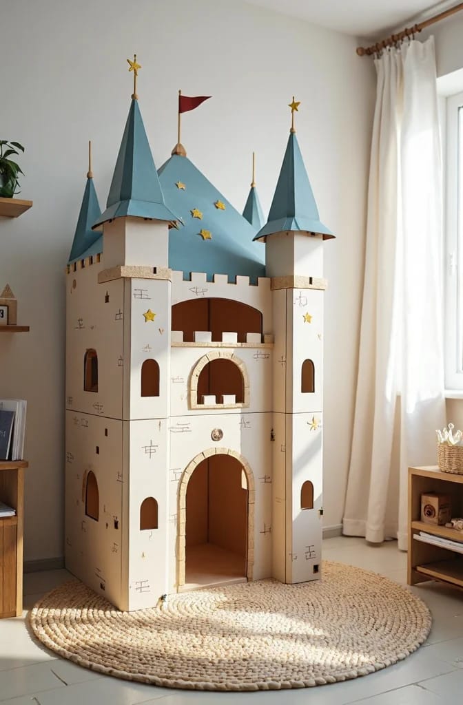 Tall cardboard castle playhouse with blue pointed towers, star decorations, arched doorways, and a red flag standing on a round rug in a kids bedroom