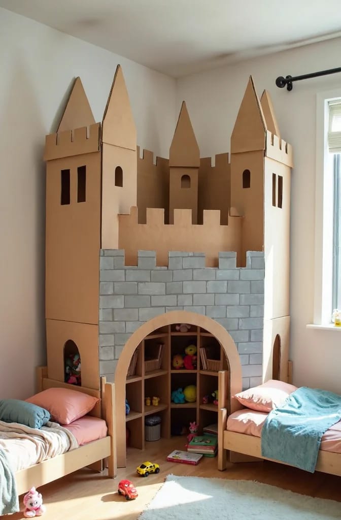 Large cardboard castle playhouse with towers, battlements, arched entrance, and gray brick-style front wall standing between two beds in a shared kids bedroom