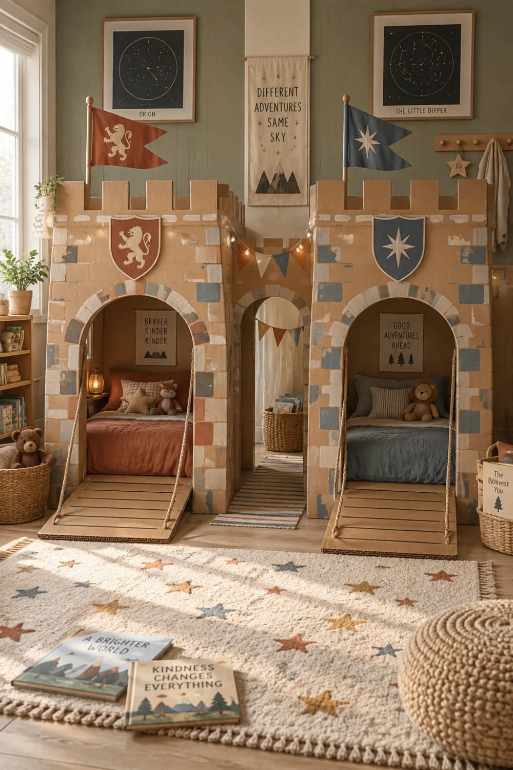 A cardboard castle playhouse spans a shared kids bedroom, with two decorated towers, arched openings, flags, shields, ramps, beds, stuffed animals, and a central passage.