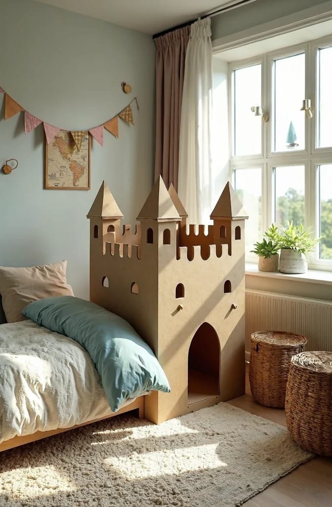 A cardboard castle playhouse stands beside a bed in a sunlit kids bedroom, with three peaked towers, crenellated walls, arched windows, and a large arched doorway.