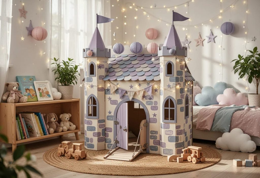 Sustainability Success 9 Decorated cardboard castle playhouse for kids bedroom with two turrets, flags, arched doorway, drawbridge, painted stone details, and colorful roof shingles