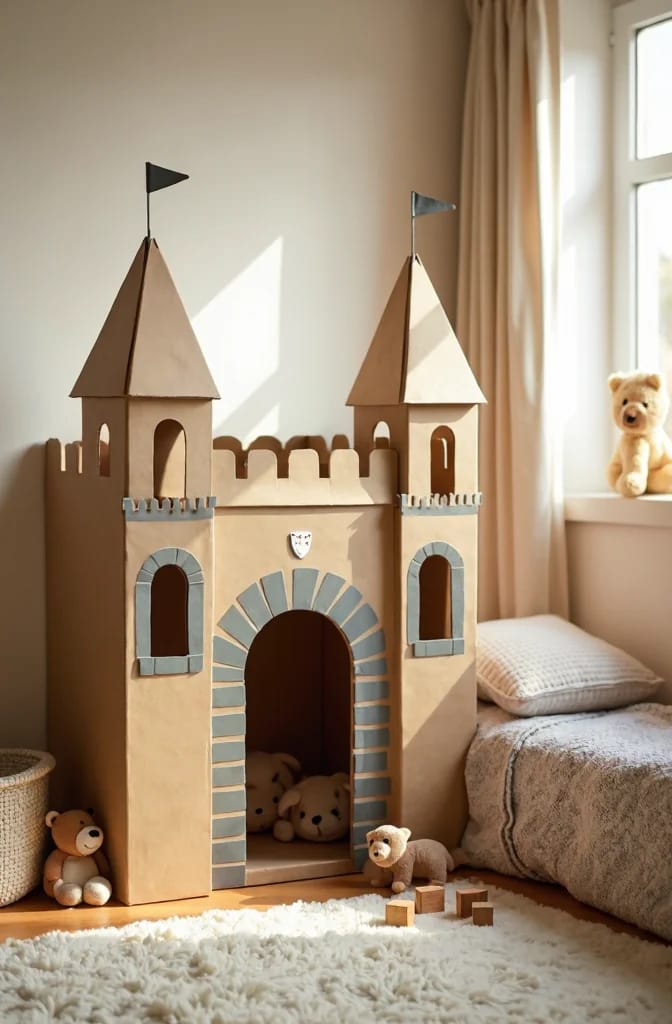 A cardboard castle playhouse stands in a kids bedroom, featuring two turrets with flags, arched windows, a large arched entrance, and small teddy bears inside and around it.