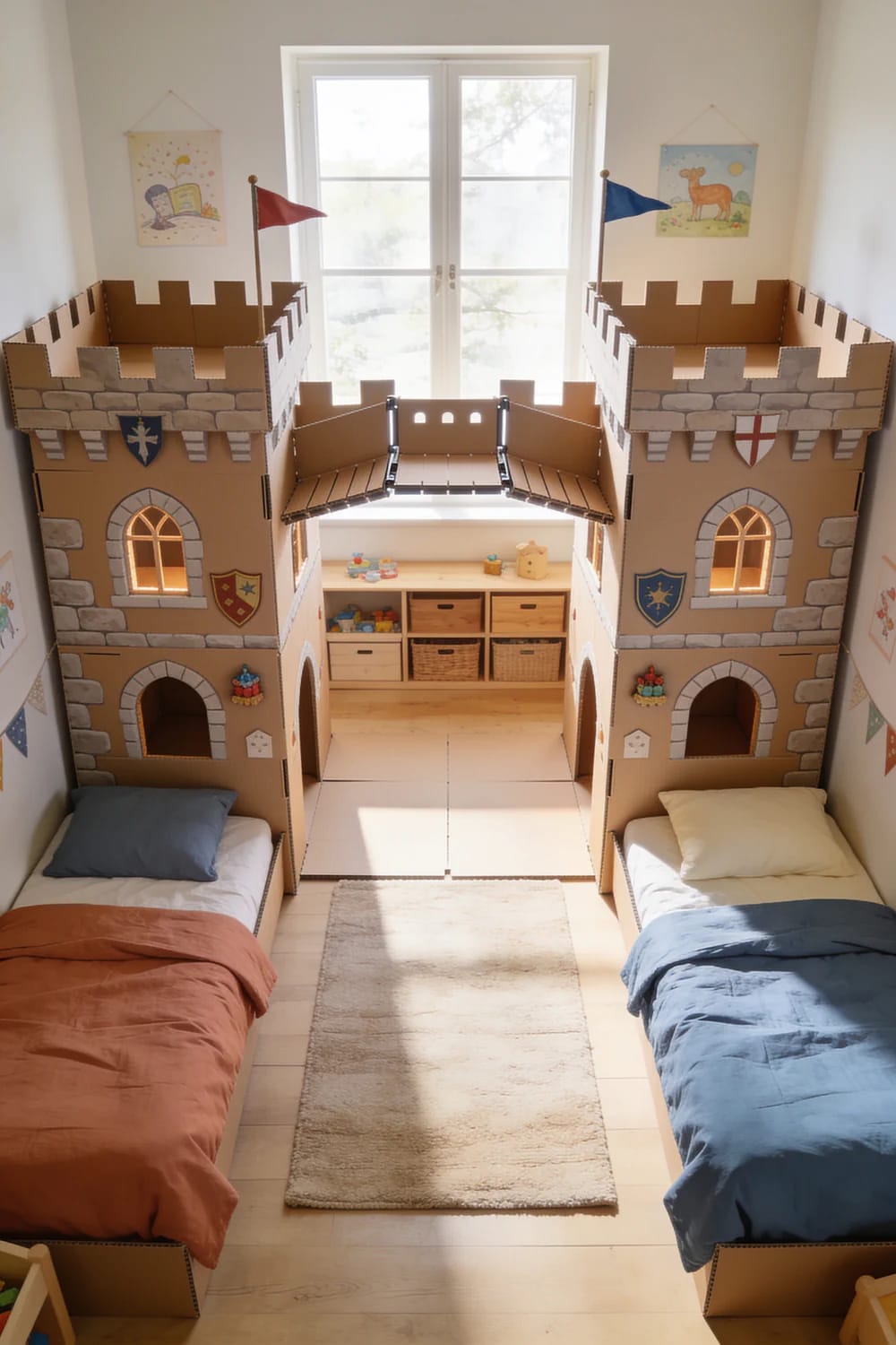 Large cardboard castle playhouse spanning a shared kids bedroom, with two towers, crenellated walls, flags, arched windows and doorways, and a central bridge between two single beds