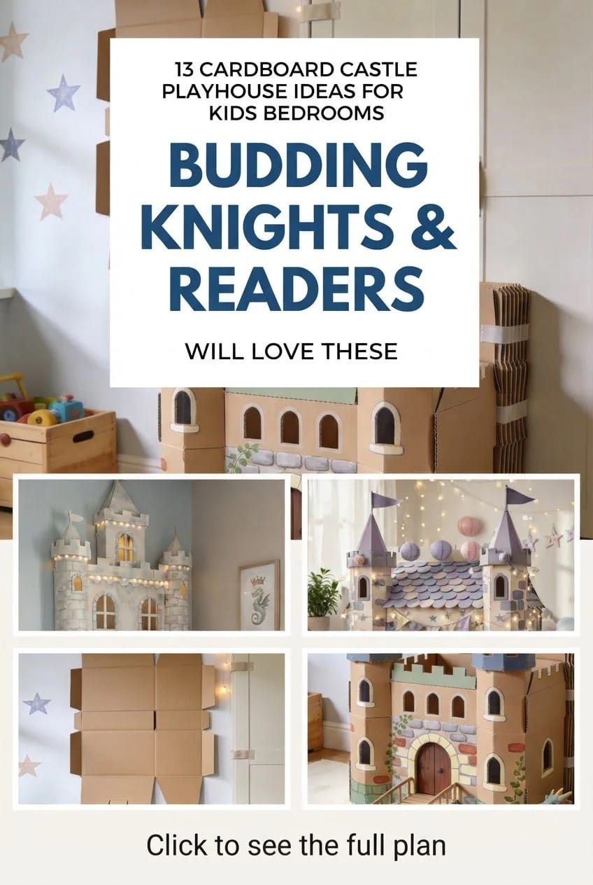 Collage showing several decorated cardboard castle playhouses in a kids bedroom, with turrets, arched windows, flags, and fairy lights.