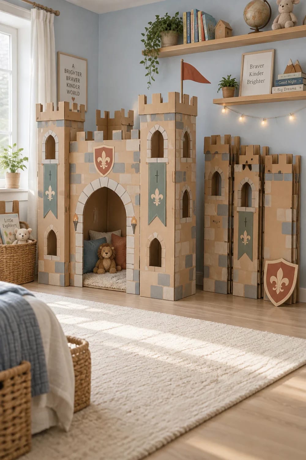 Large cardboard castle playhouse with multiple towers, crenellated tops, arched windows, banners, and a central entrance in a child's bedroom